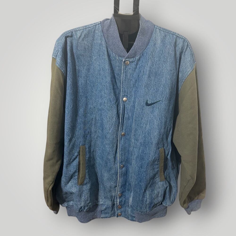 Vintage 90s Nike Denim Varsity Jacket XXL Big Swoosh Back Olive Green Bomber